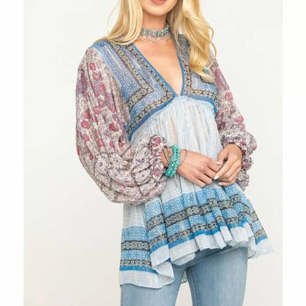 Free people Aliyah Printed Tunic Blue Size XS